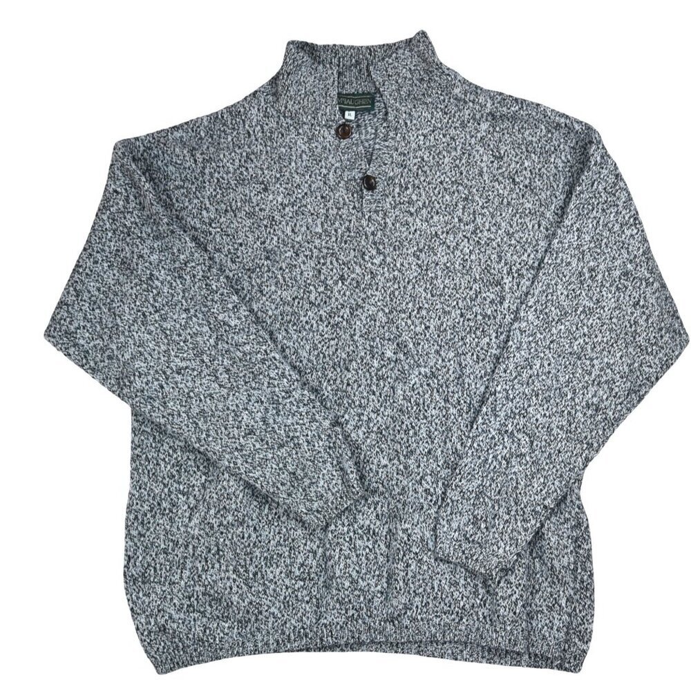 Vintage J.McLaughlin Heathered Grey White Knit Sweater Henley Buttons Size XL